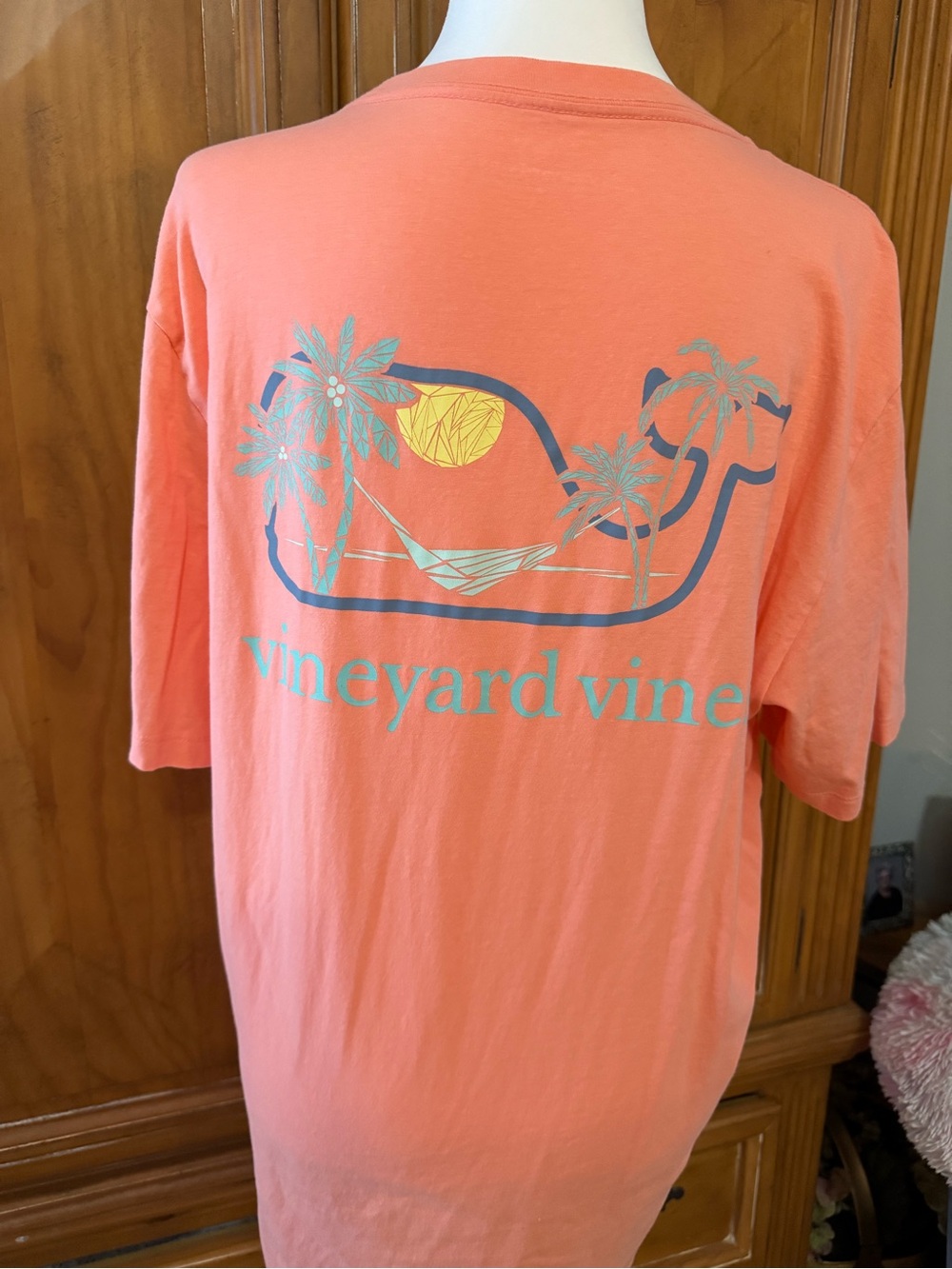 Vineyard Vines Coral Tee with Teal and Yellow Logo